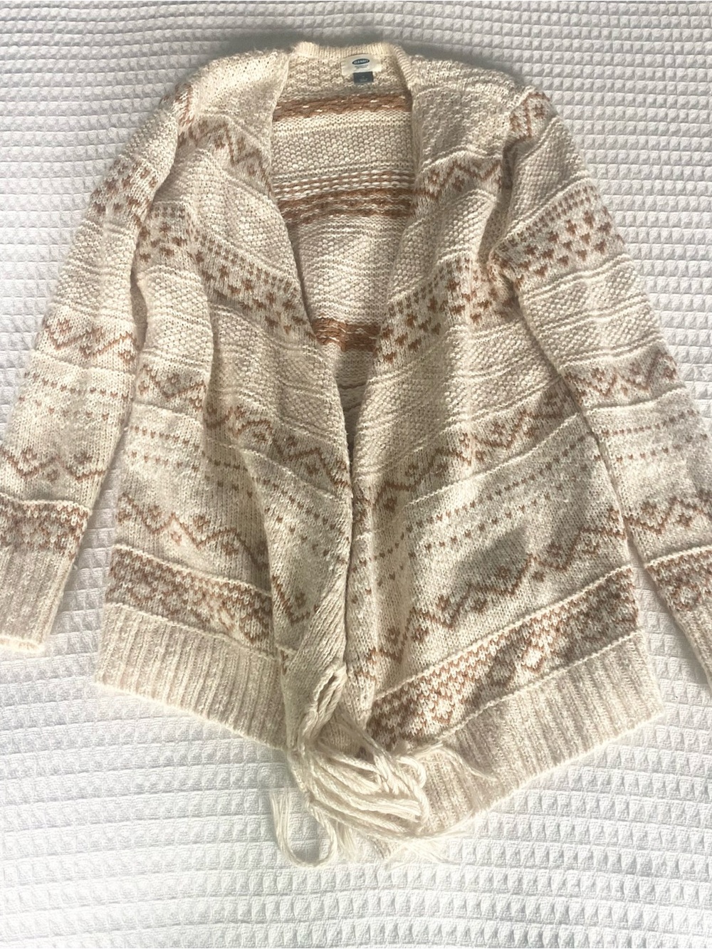 Old Navy Cream and Tan Open-Front Knit Cardigan fringe size Medium